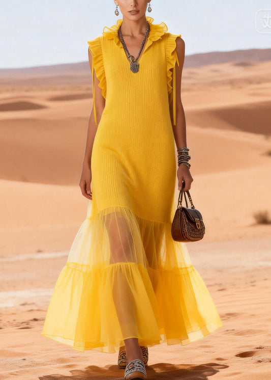 Cute Yellow V Neck Ruffled Tulle Patchwork Cotton Knit Long Dress Sleeveless