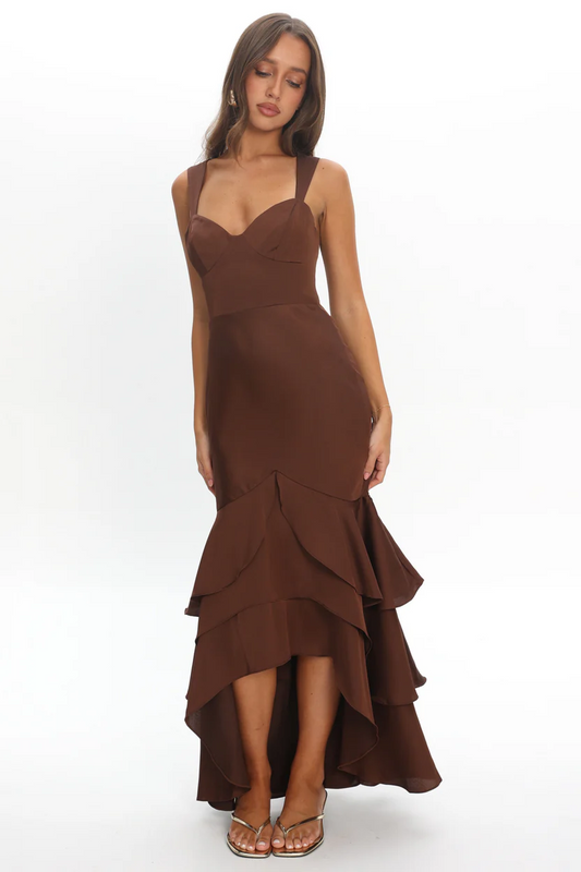 Chocolate Sweetheart Neckline Tiered Ruffle Mermaid Maxi Dress