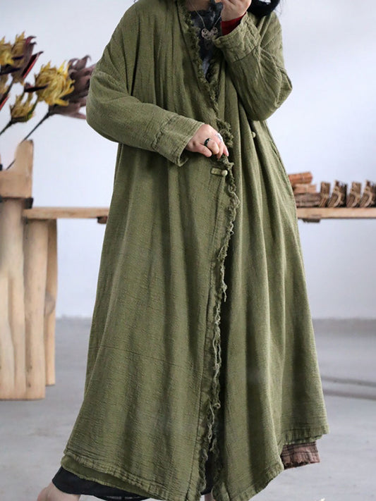 Women Artsy Worn Burrs Solid Button Irregular Long Coat