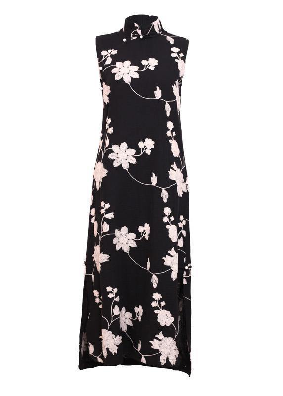 Beautiful black print cotton clothes stand collar side open cotton robes Dresses