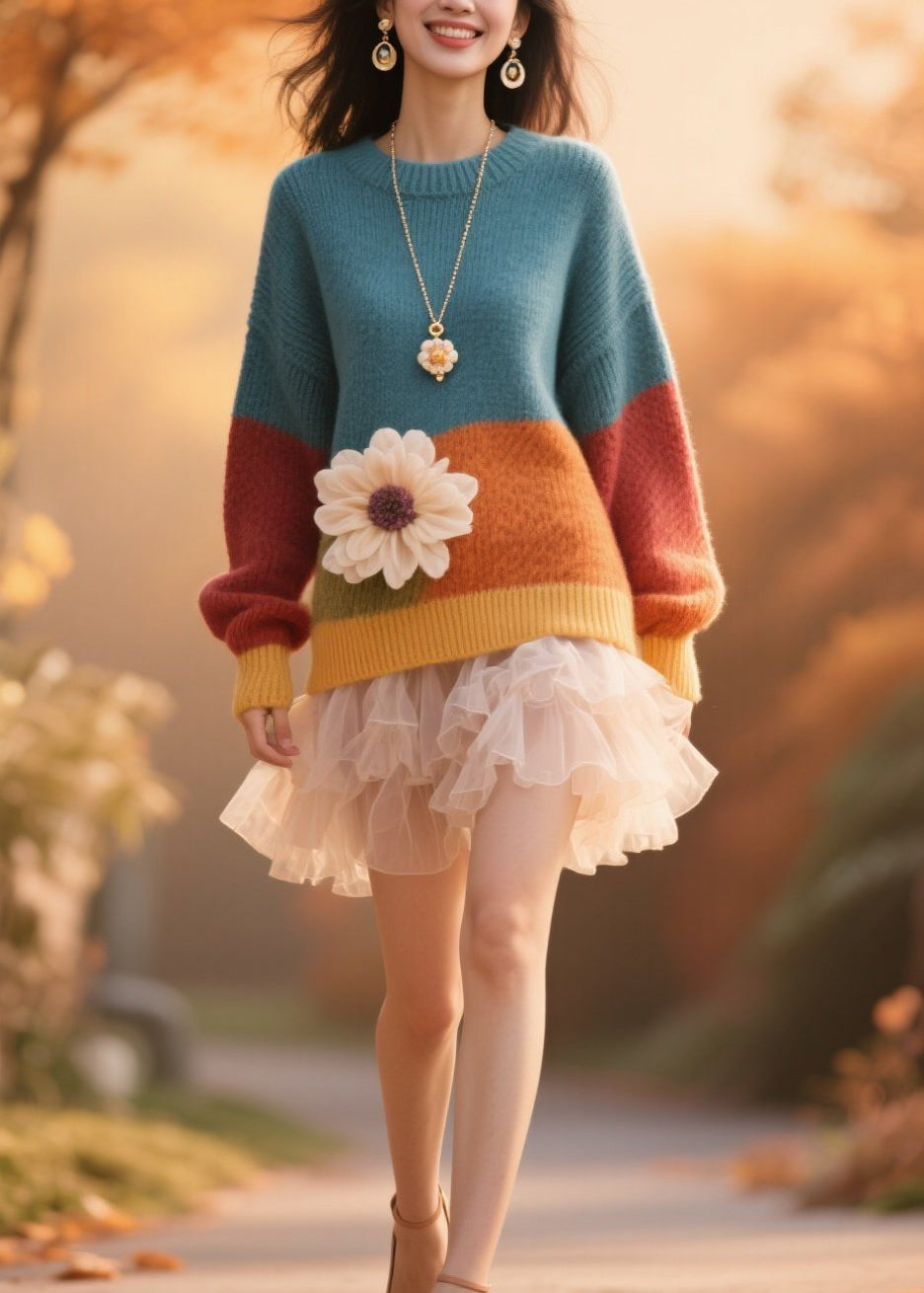 Plus Size Colorblock O Neck Floral Knit Pullover Fall