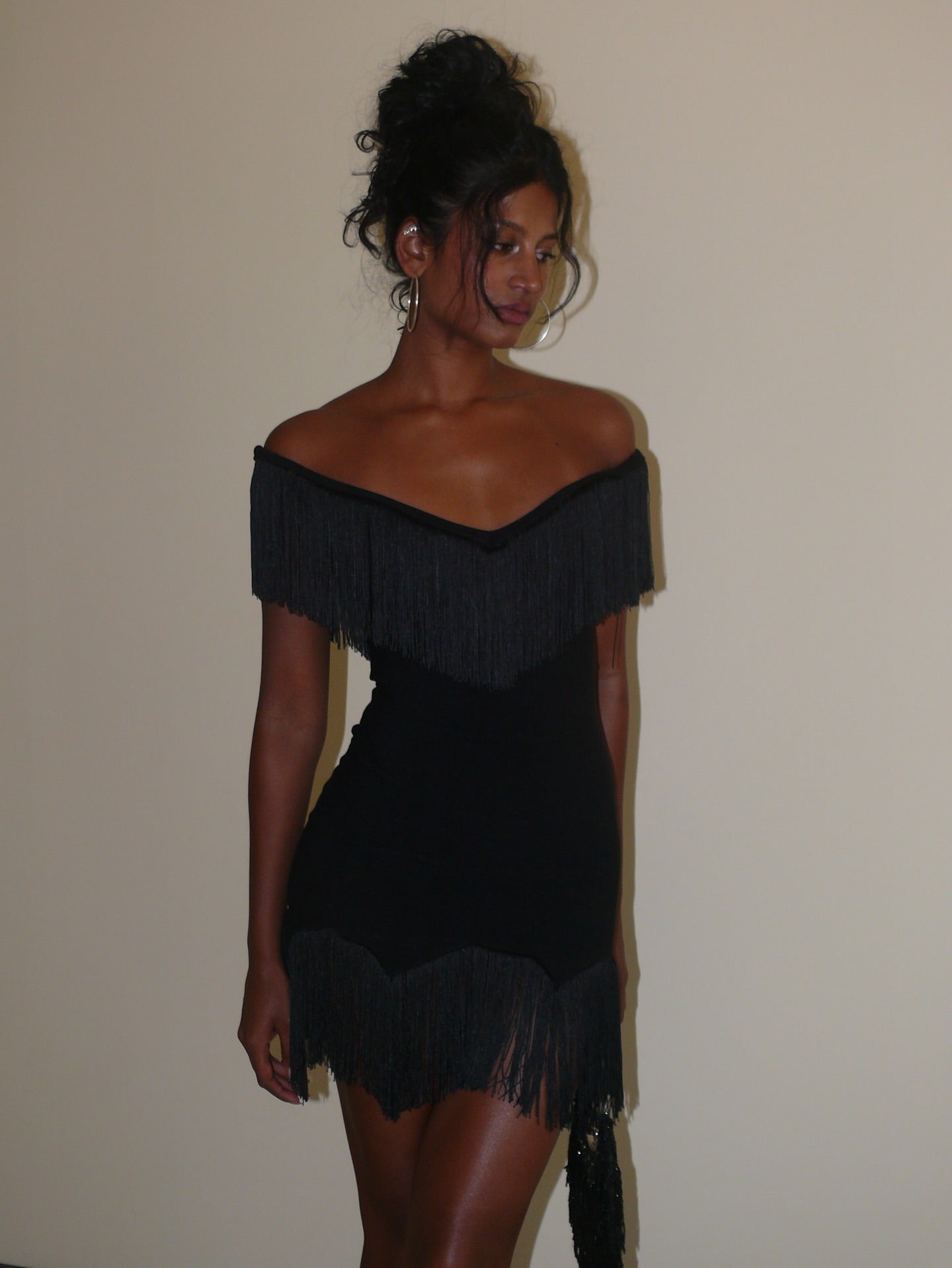 Off-Shoulder Double Fringe Bodycon Dress | Western Retro Sexy Mini Dress