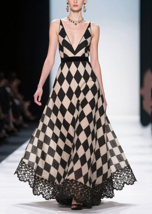 Style Black Plaid Patchwork Lace Chiffon Evening Dress Summer