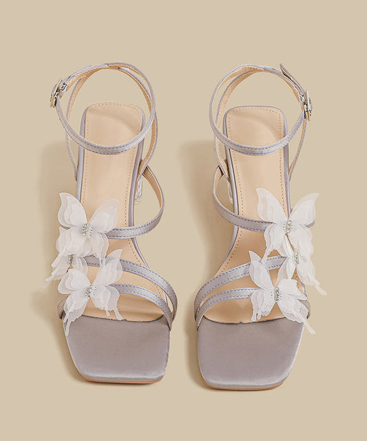 French Butterfly Splicing Chunky Sandals Black Faux Leather