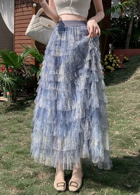 Gradient Color Blue Tie Dye Tulle Maxi Cake Skirt Summer