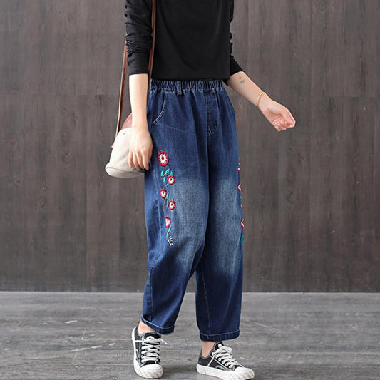 Autumn Loose Embroidery Harem Denim Trousers