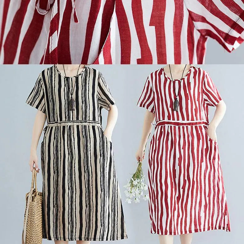Handmade red striped clothes Women o neck drawstring Art summer Dress