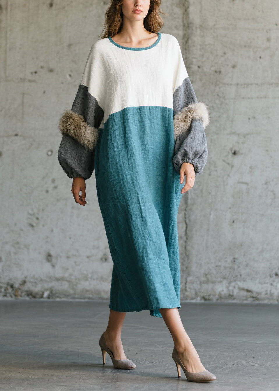 Chic Colorblock Oversized Patchwork Faux Fur Ankle Dress Fall