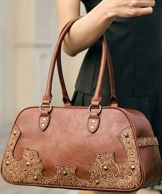 Elegant Brown Appliqued Rivet Faux Leather Shoulder Bags