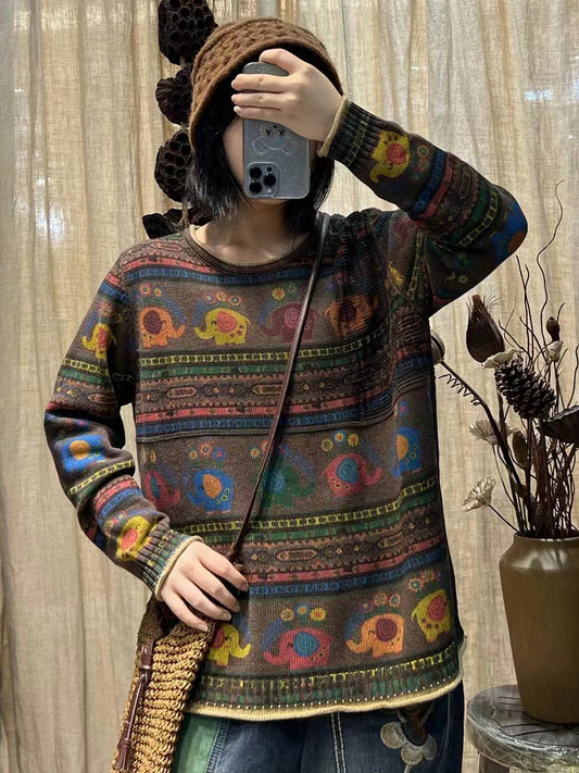 Women Winter Vintage Cotton Print O-Neck Loose Sweater