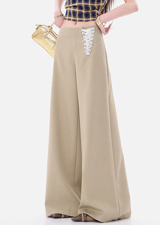 Fine Khaki Lace Up High Waist Spandex Wide Leg Pants Fall
