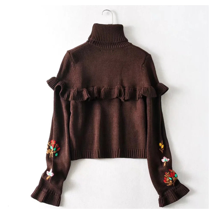 High waist floral embroidery layered decorative loose knit