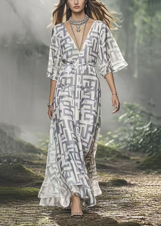 DIY Grey Print Silk Ankle Dress V Neck Summer