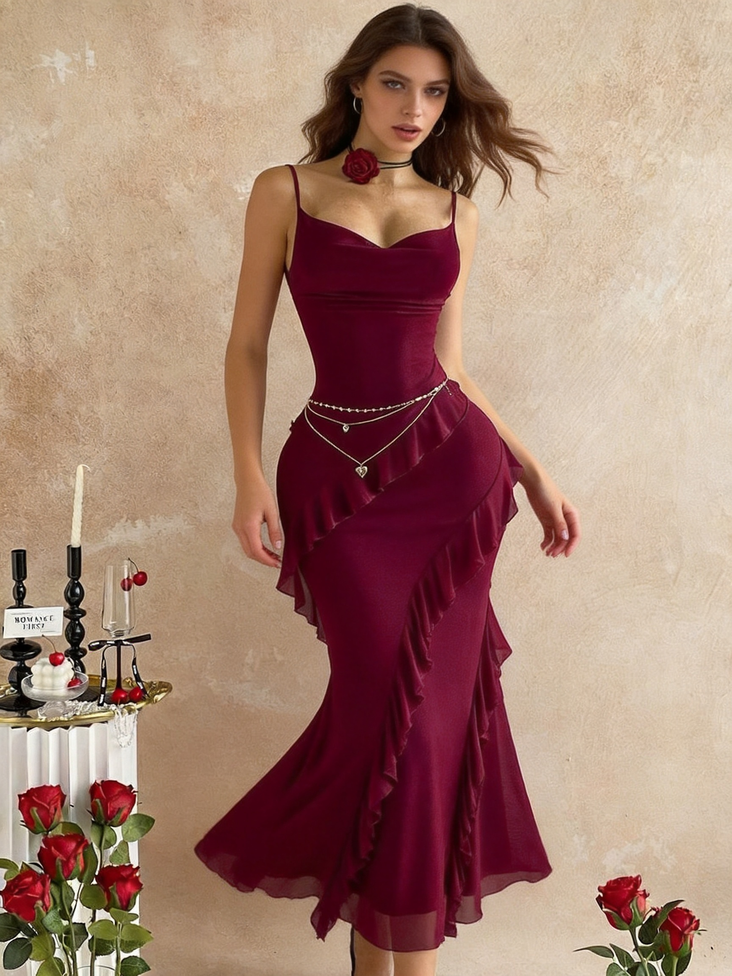 Women's Burgundy Velvet & Chiffon Midi Mermaid Dress