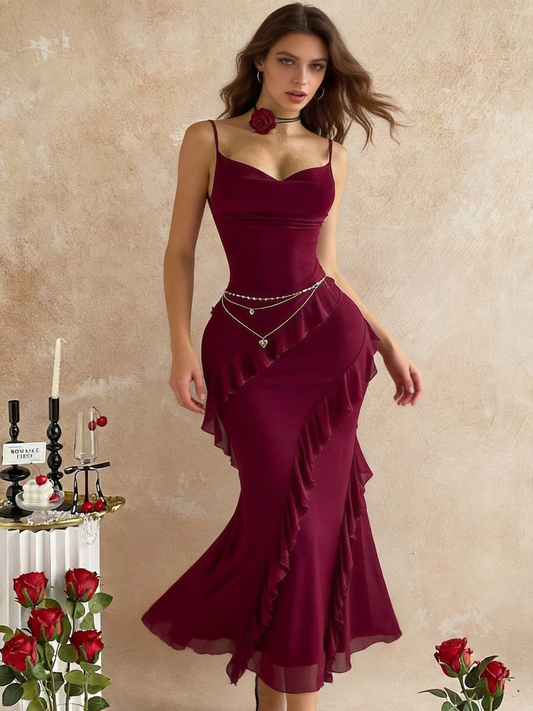 Women's Burgundy Velvet & Chiffon Midi Mermaid Dress