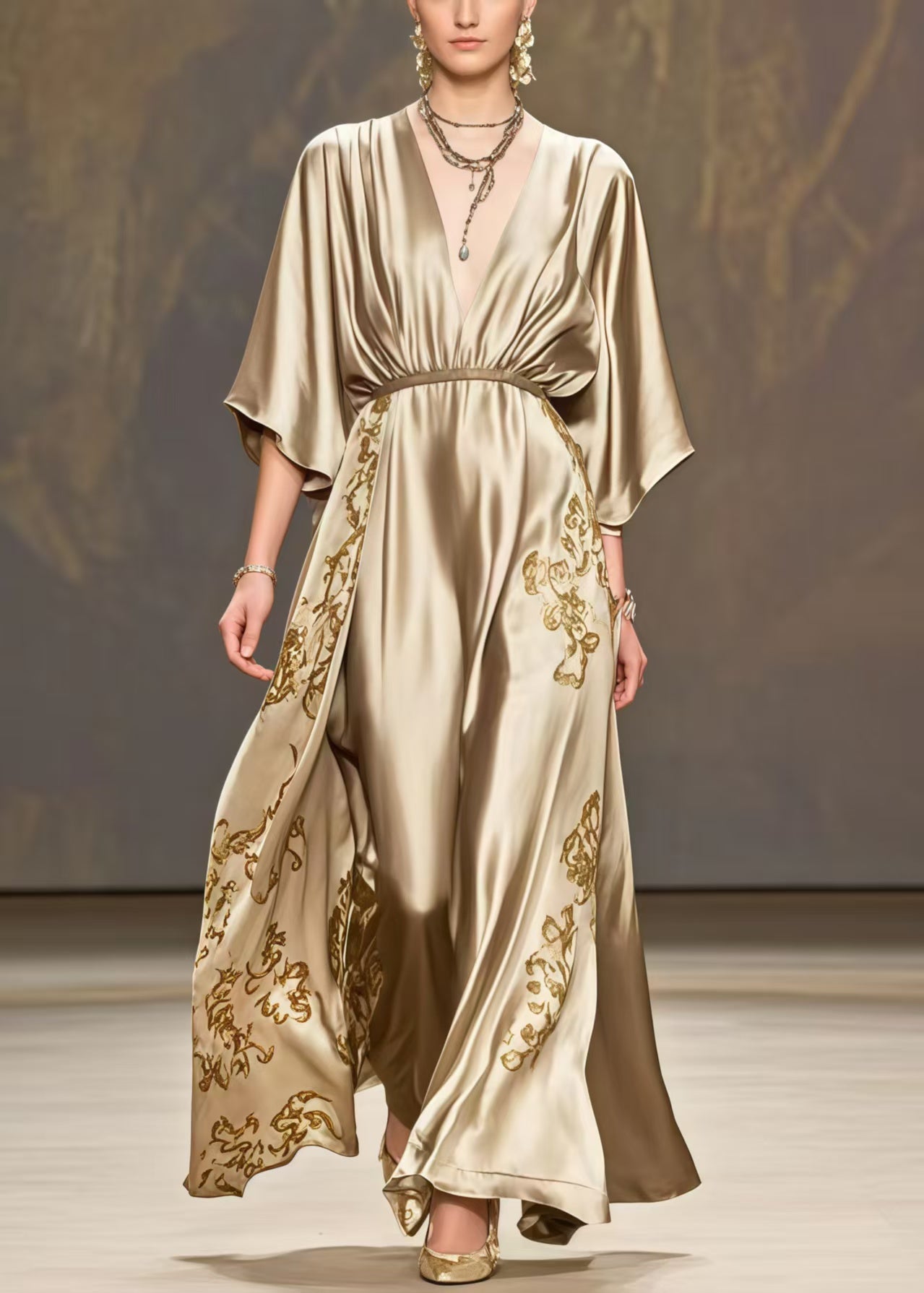 Chic Golden Print Exra Large Hem Silk Maxi Dresses Summer