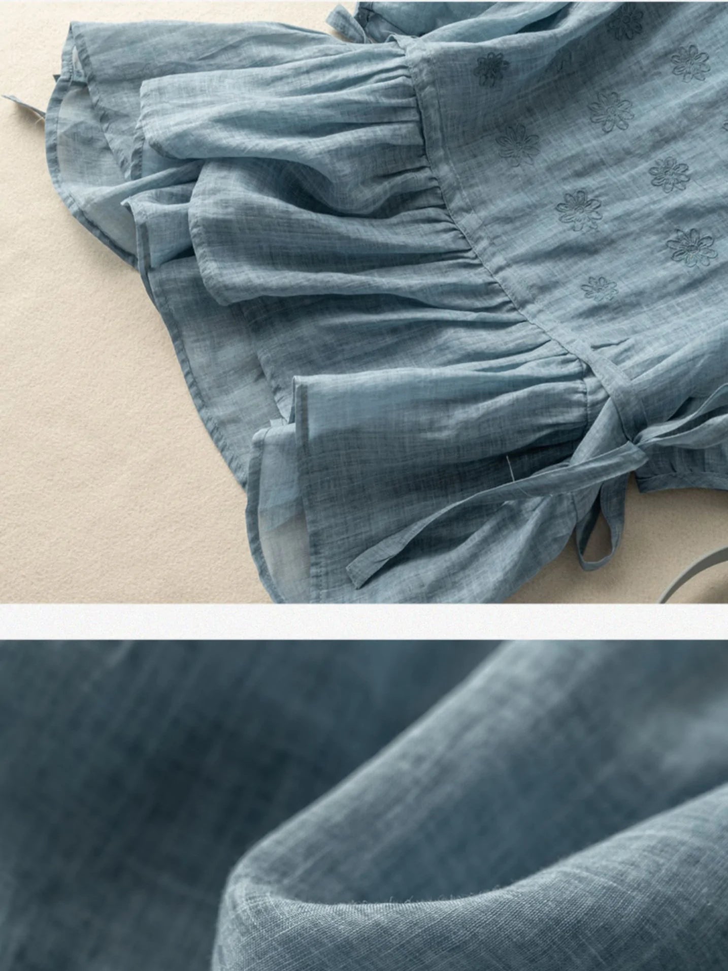 Embroidered Crew Neck Half Sleeve Casual Linen Top