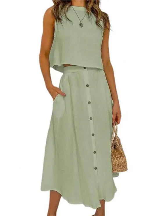 Brief Blue O-Neck Solid Top And Maxi Skirts Two Pieces Set Summer