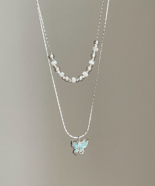 Boutique Blue Copper Crystal Butterfly Double-Layer Pendant Necklace