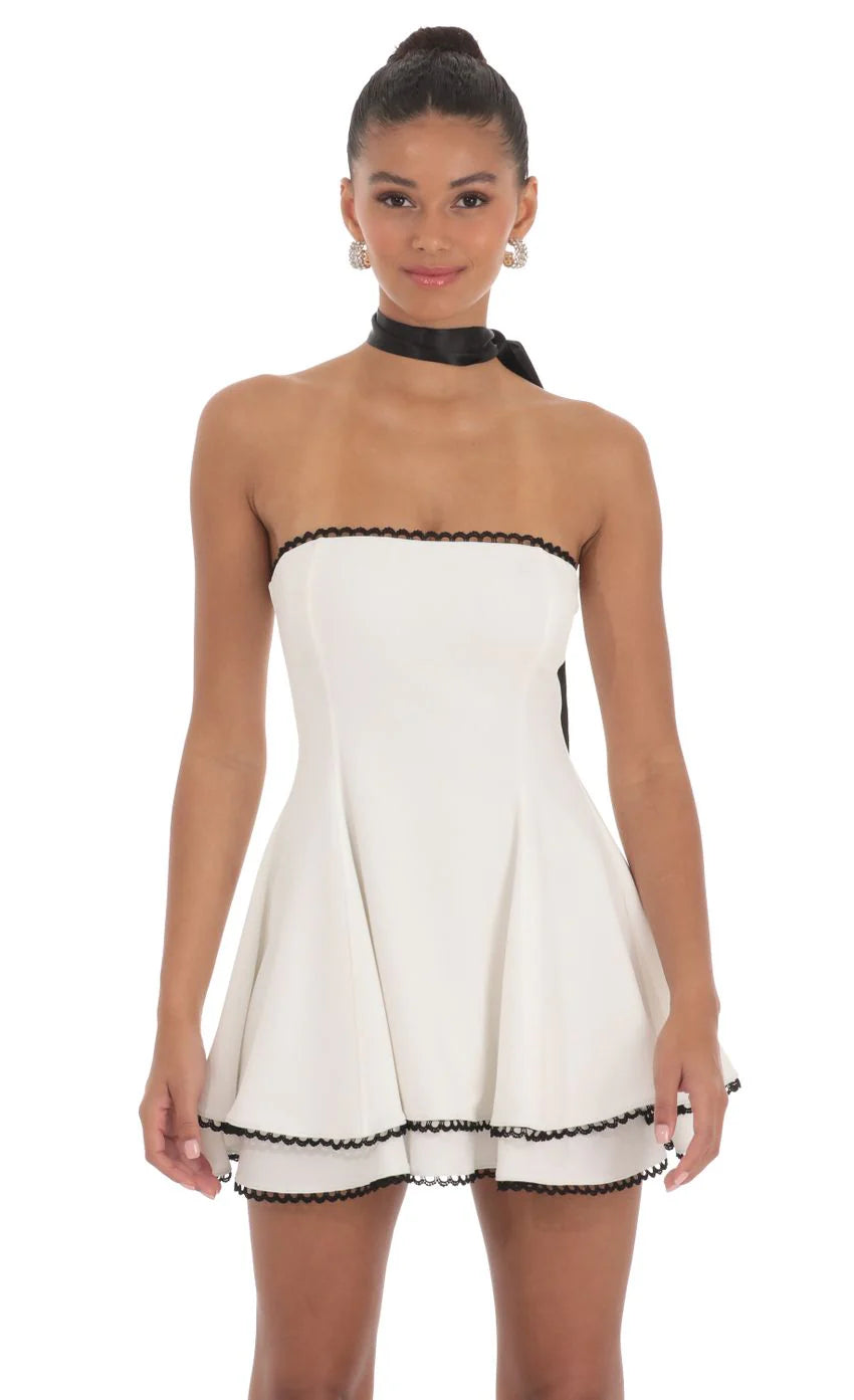 Satin Scarf Strapless Dress in White