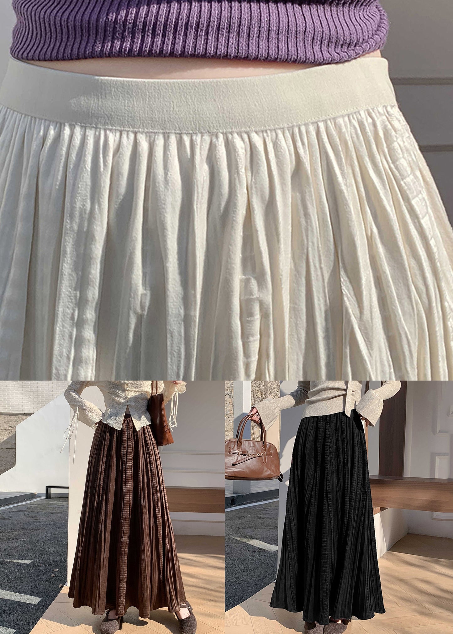 Vintage Coffee Wrinkled Elastic Waist Silk Velvet Skirt Winter