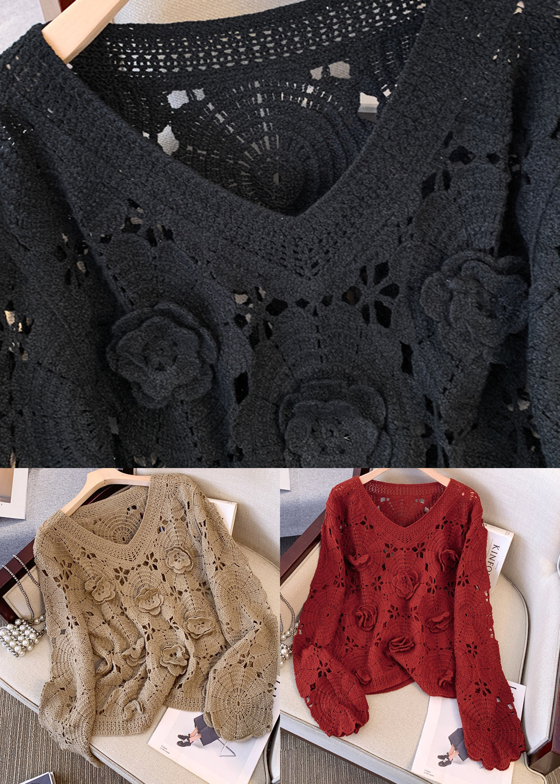 Black Three-dimensional Floral Knit Pullover Hollow Out Fall