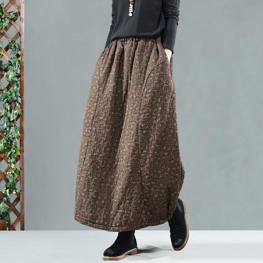 Retro Cotton Linen Quilted Thick Print Floral Skirt