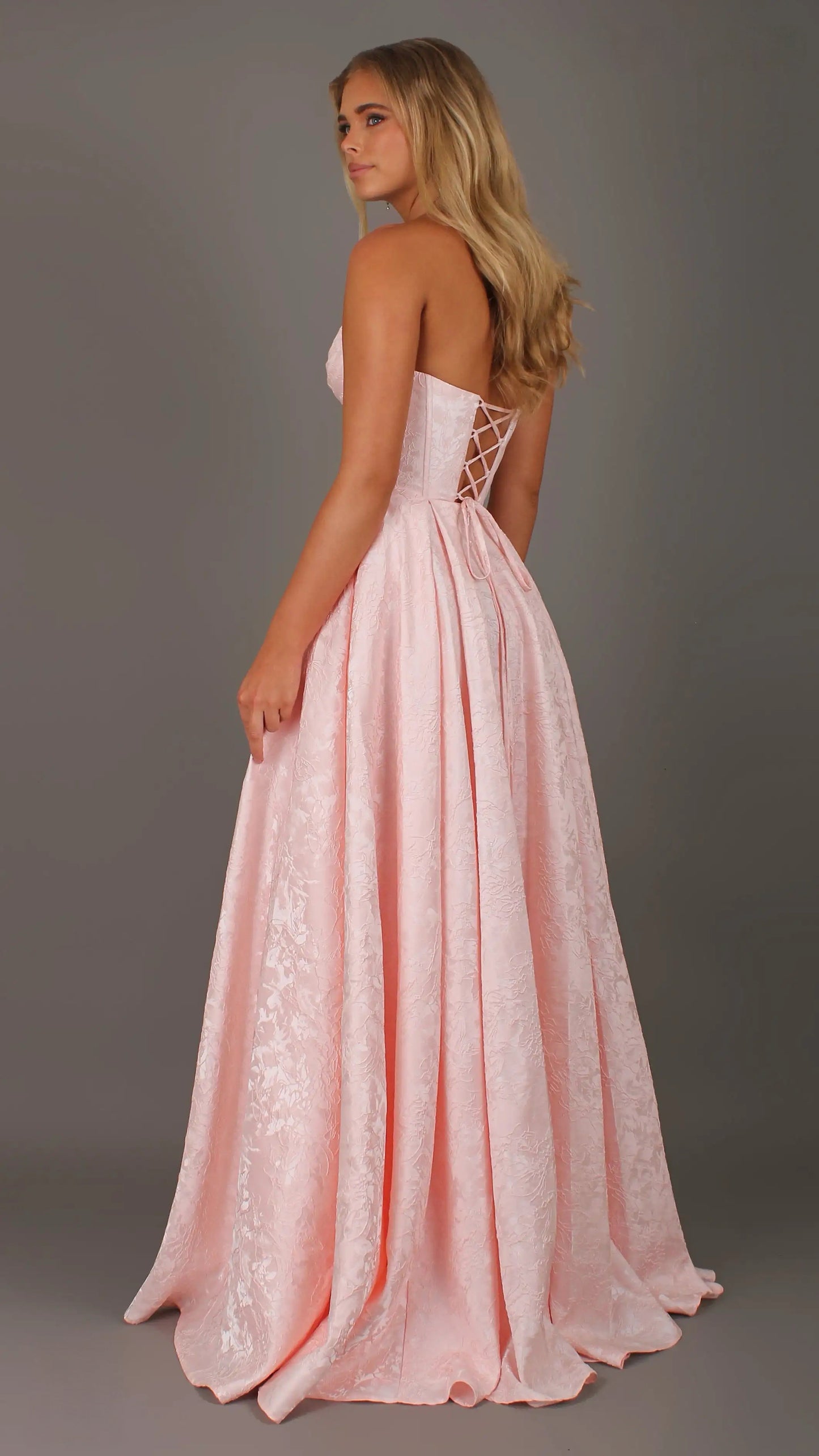 POSIE - Light pink Formal Dress, Strapless Basque waist Corset Beaded Bra Cups, Satin embossed floral Gown