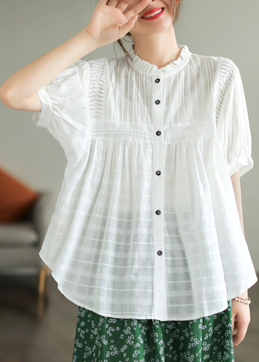 Fine White Stand Collar Wrinkled Cotton Blouse Top Summer
