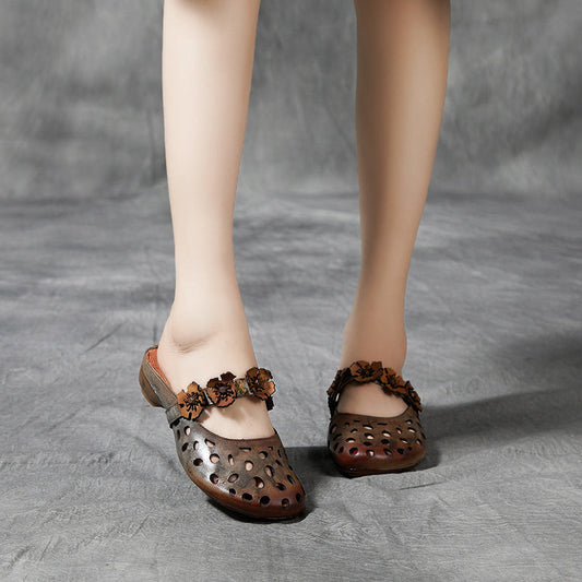 Women 2022 Vintage Floral Hollow Leather Slippers