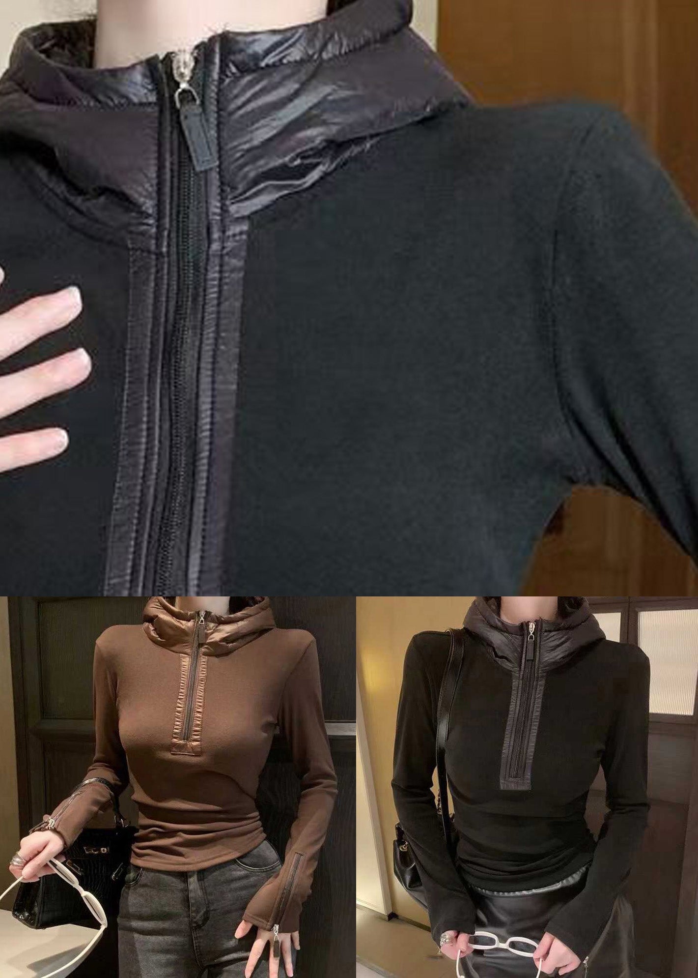 Coffee Zippered Solid Patchwork Cotton Winter Shirt Hooded