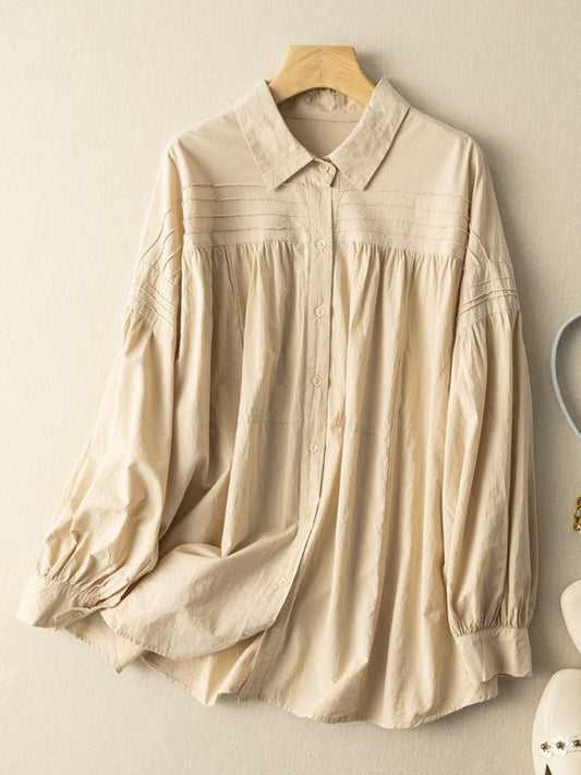 100% Natural Fabric Pleated Loose Shirt In Solid Color