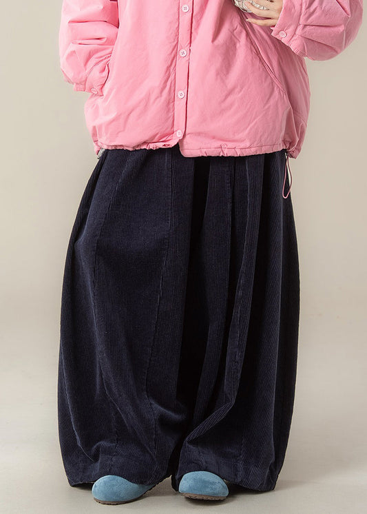 Casual Navy Solid High Waist Corduroy Wide Leg Pants