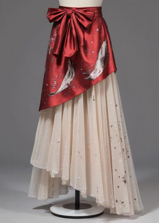 Unique Red Lace Up High Waist Patchwork Chiffon Skirt Summer