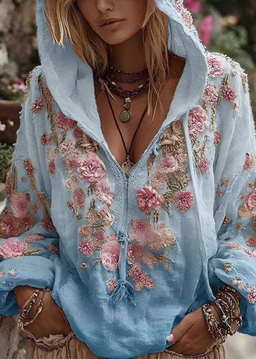 Bohemian Apricot Hooded Print Cotton Sweatshirt Spring