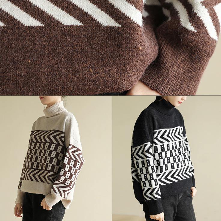 Women chocolate knitted pullover patchwork Loose fitting high neck sweaters