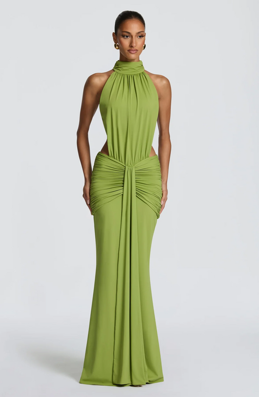 Halter Cutout Ruched Waist Mermaid Maxi Evening Dress