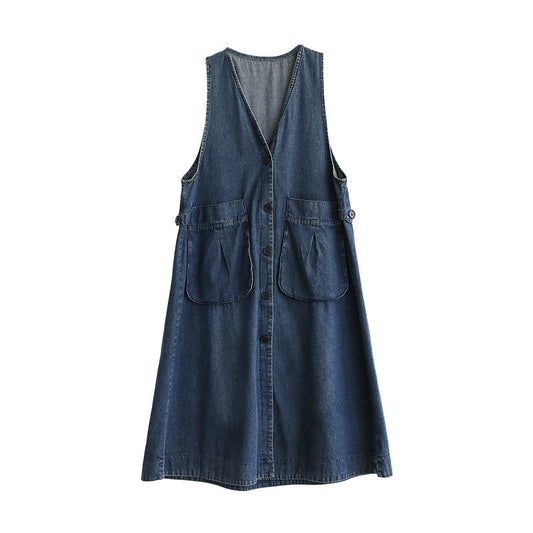 Mid Length Sleeveless Large Pocket V-Neck Plus Size Dress