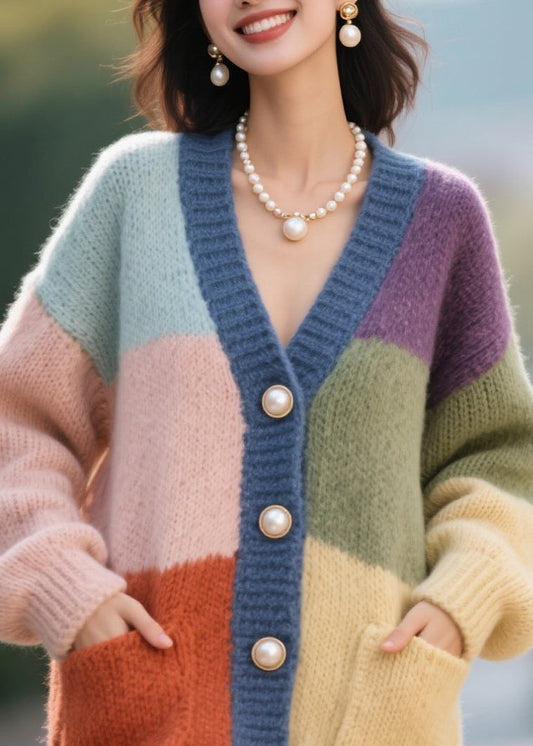 Plus Size Colorblock Button Pockets Patchwork Knit Cardigan Fall