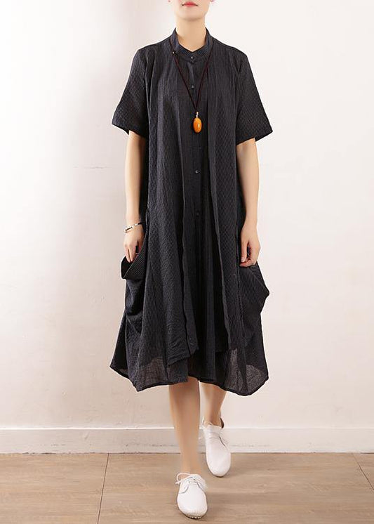 French navy linen cotton Soft Surroundings Boho Wardrobes short sleeve Maxi summer Dress