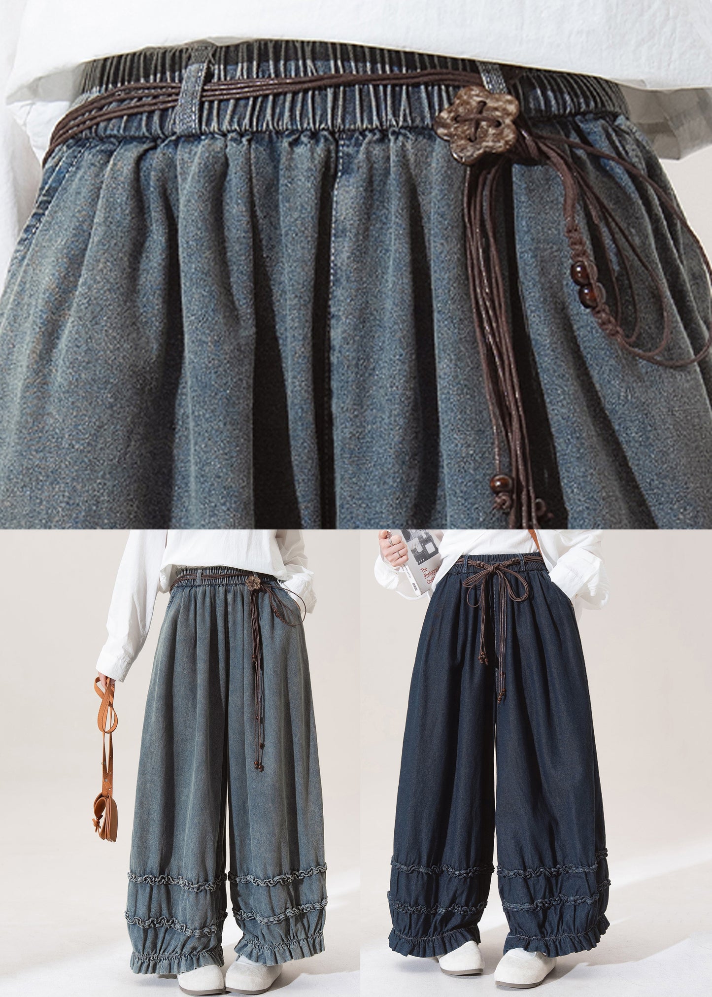 Casual Dark Blue Dark Ruffled Pockets Lantern Jeans Fall