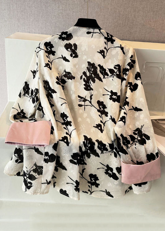 New Black Print Button Patchwork Cotton Blouse Fall