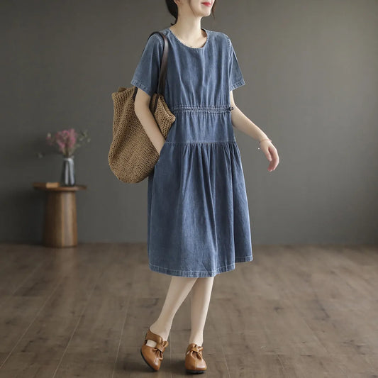 Literary Tencel Denim Mid Length Short Sleeve Dress