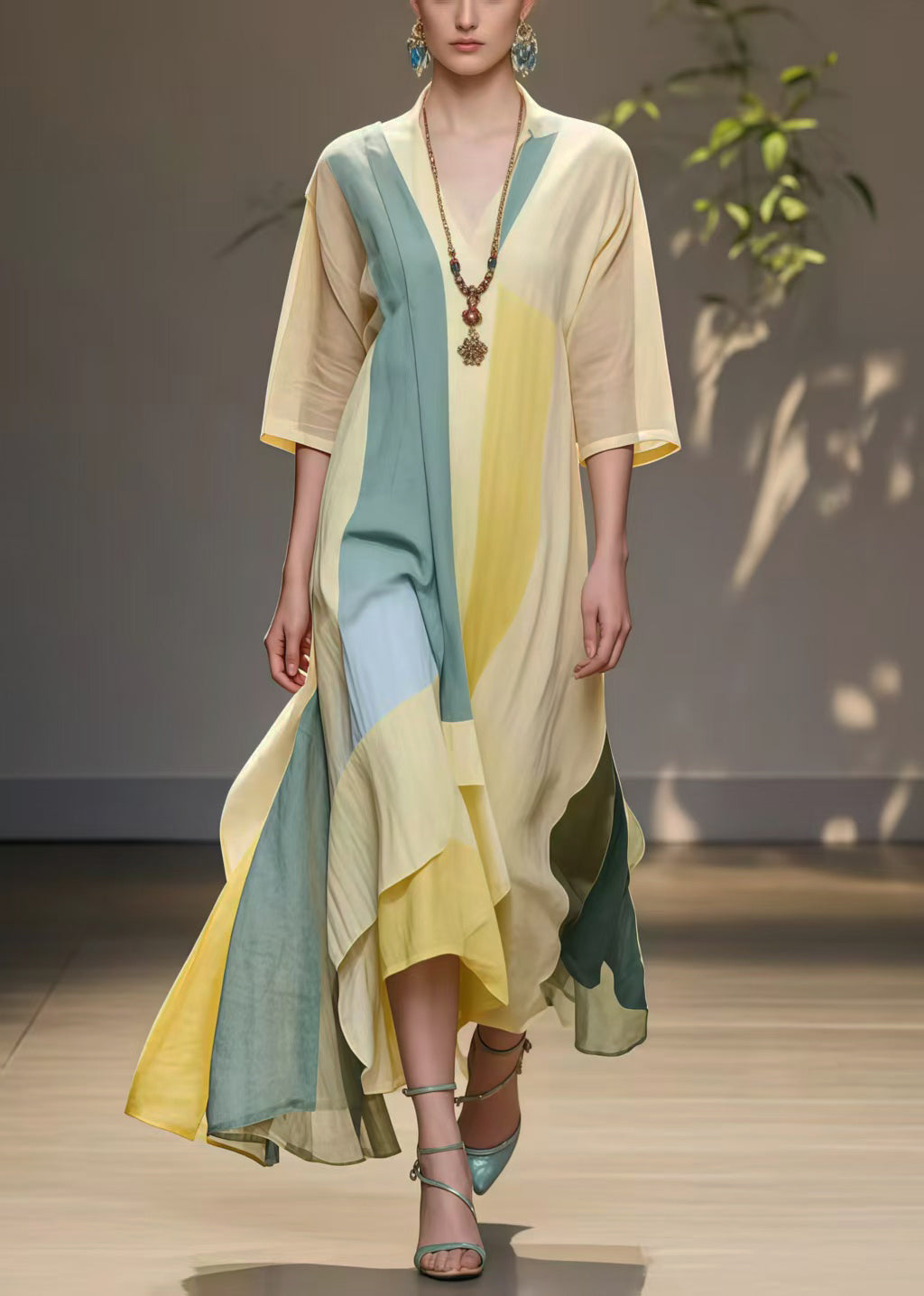 Beautiful Yellow Asymmetrical Exra Large Hem Cotton Holiday Dress Summer
