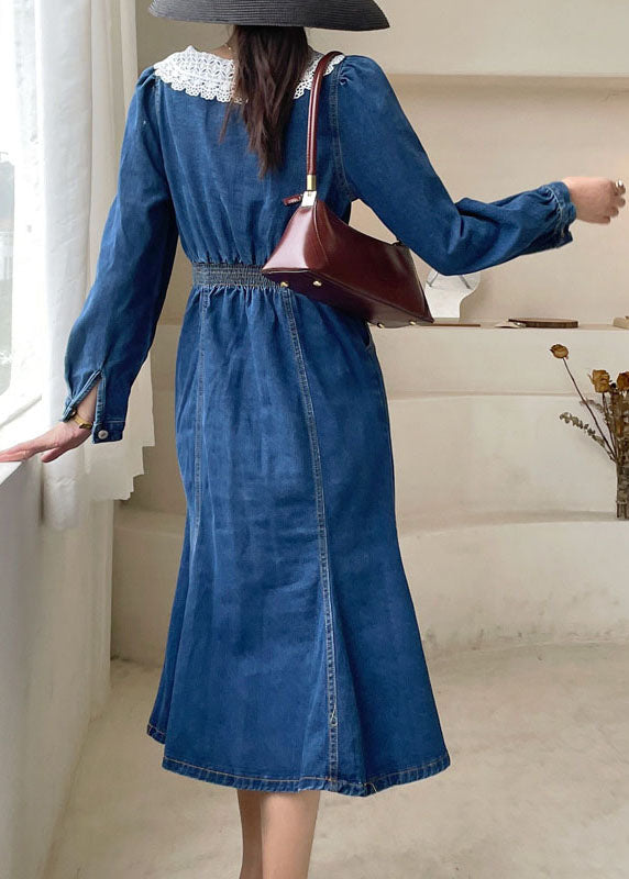Boho Dark Blue slim fit Button denim Dress