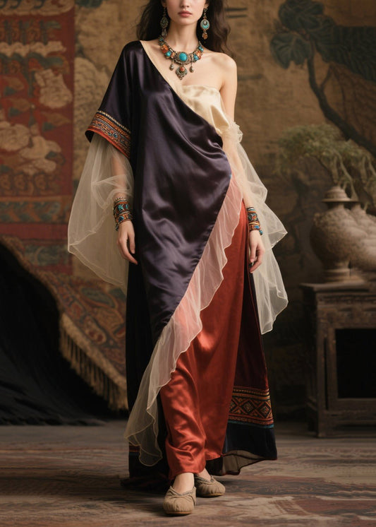 Women Asymmetrical Patchwork Tulle One Shoulder Long Dress Summer