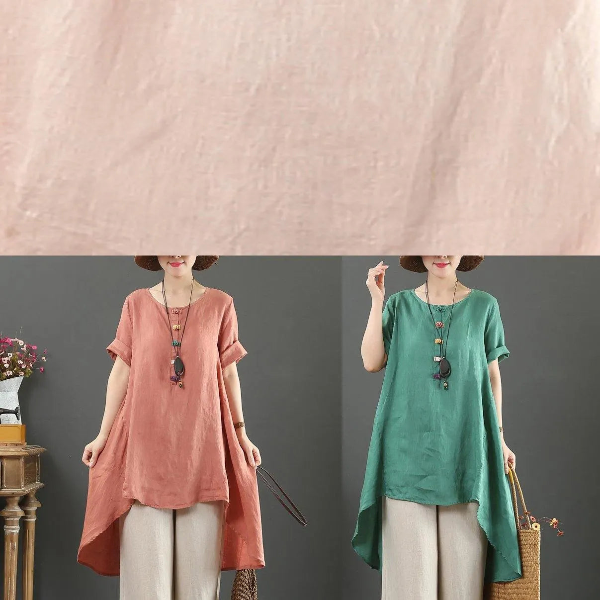 Italian green linen top o neck asymmetric baggy summer shirts