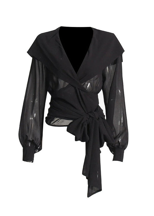 New Coffee Cross Tied Bow Chiffon Hooded Shirt Top Autumn