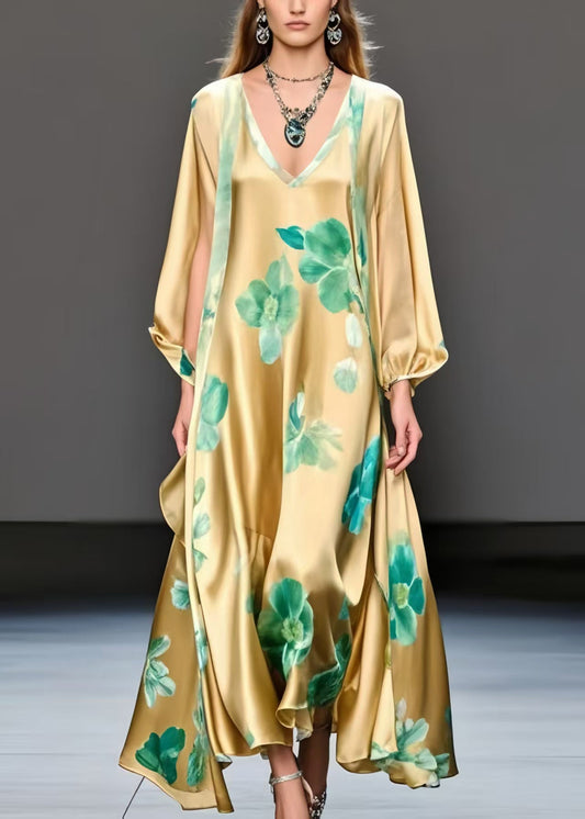 Fine Yellow Oversized Print Silk A Line Dress Spring