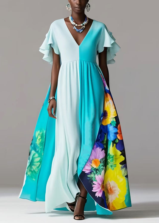 Beautiful Blue Exra Large Hem Patchwork Silk Vestidos Dress Petal Sleeve